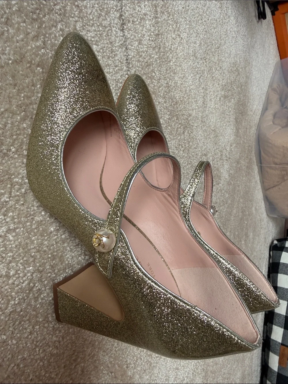kate spade Gold Glitter Pearl Strap Mary Jane Block Heels - Picture 3 of 7